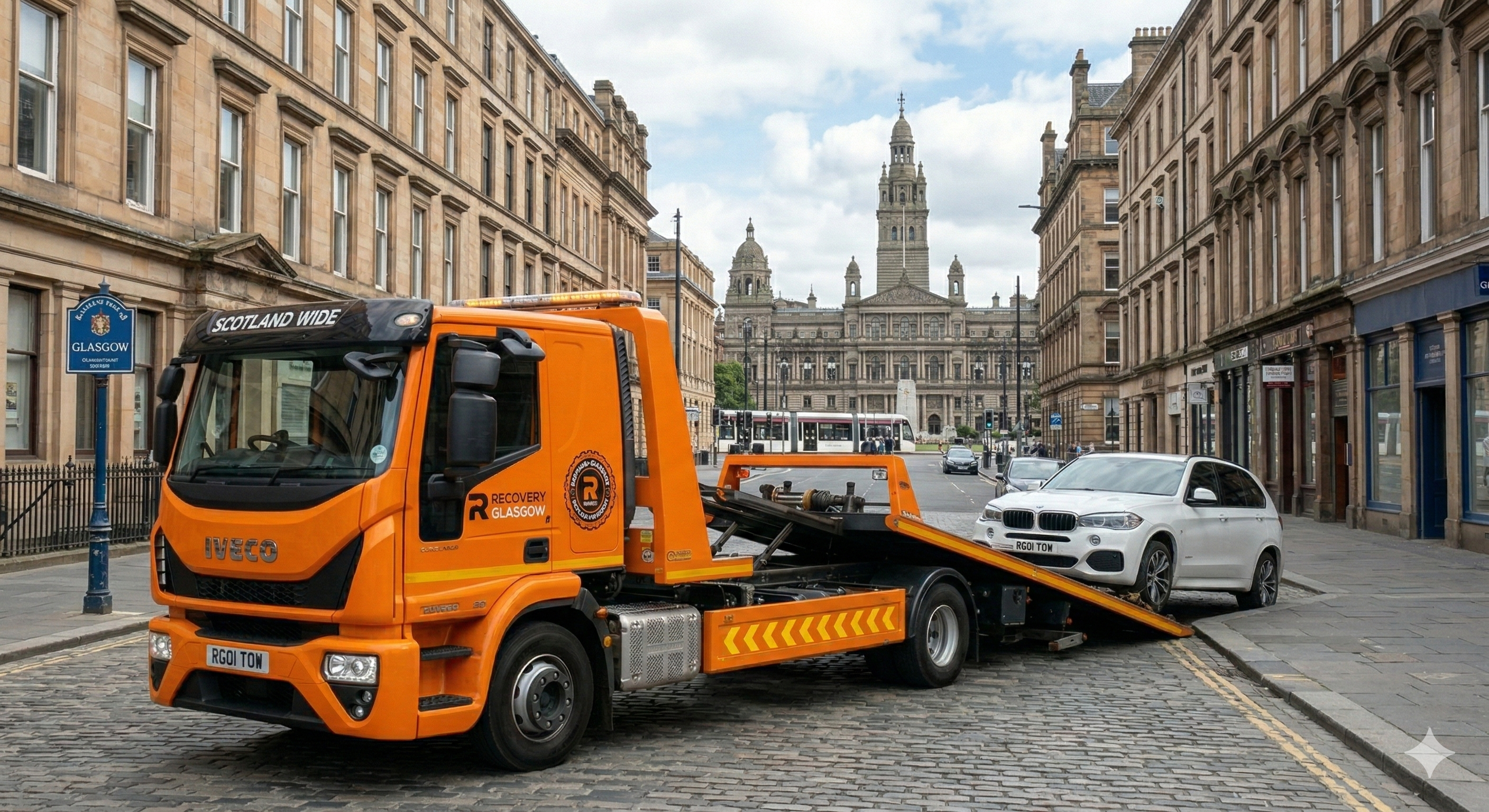 Recovery Glasgow orange Iveco truck in Glasgow City Center